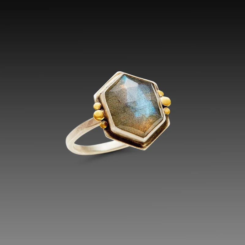 Geometric Labradorite Ring with Six Gold Dots