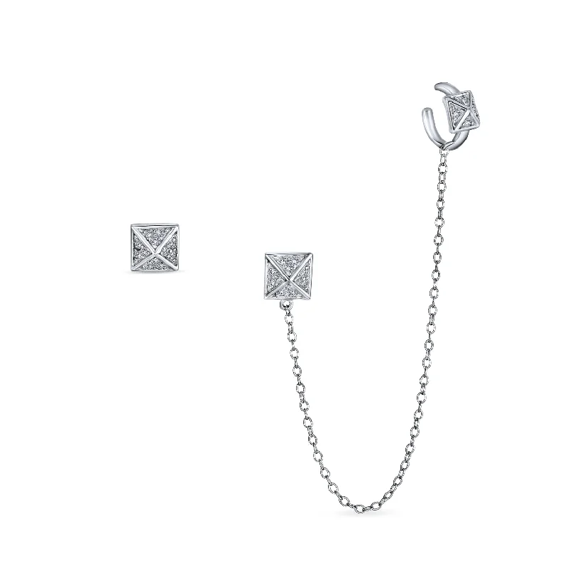 Geometric Pyramid Chain Ear Cuff Cartilage Wrap Earring Pave CZ Stud Set Silver