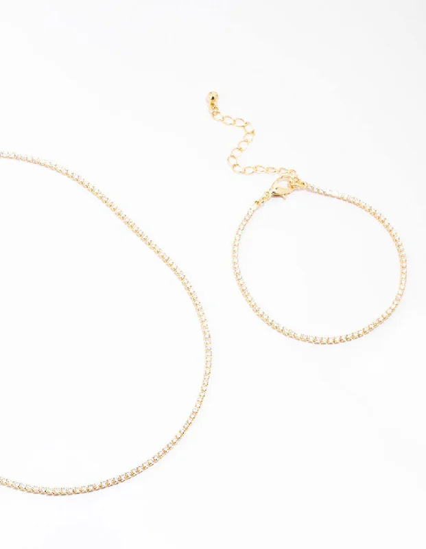 Gold Plated Cubic Zirconia Tennis Bracelet & Necklace Set