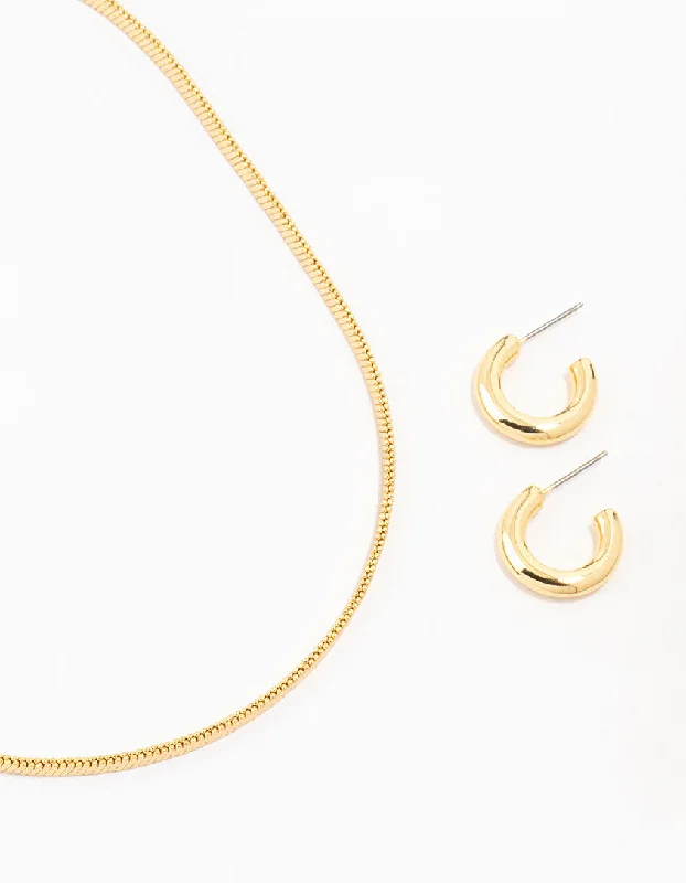 Gold Plated Round Hoop Earring & Herringbone Necklace Set