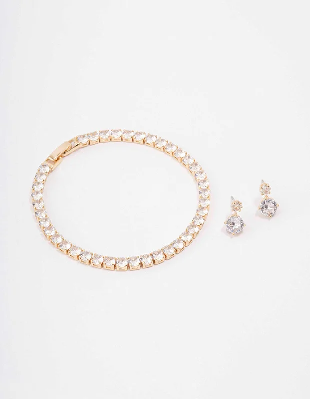 Gold Round Tennis Bracelet & Earring Set