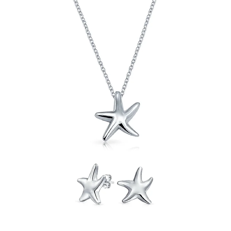 Hawaii Ocean Starfish Pendant Necklace & Earrings Set Sterling Silver Jewelry