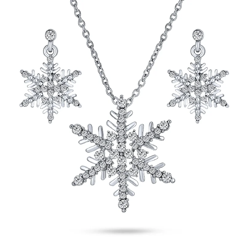 Holiday Crystal Snowflake Pendant Necklace & Earring Set Silver Plated Jewelry