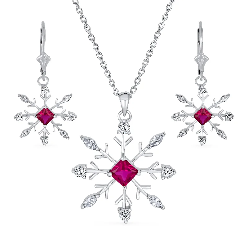 Holiday Party Jewelry Set Pink Rose CZ Snowflake Necklace & Earrings Silver