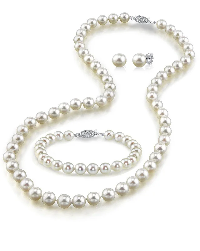 White Japanese Akoya Pearl 3-Piece Jewelry Set - AA+ Quality