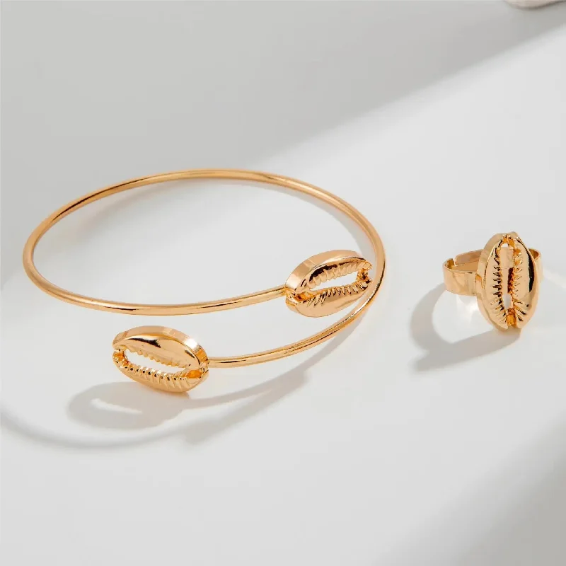 LOVCIA Gold Plated Shell Design Open Cuff Bangle Bracelet and Adjustable Ring Set for Women