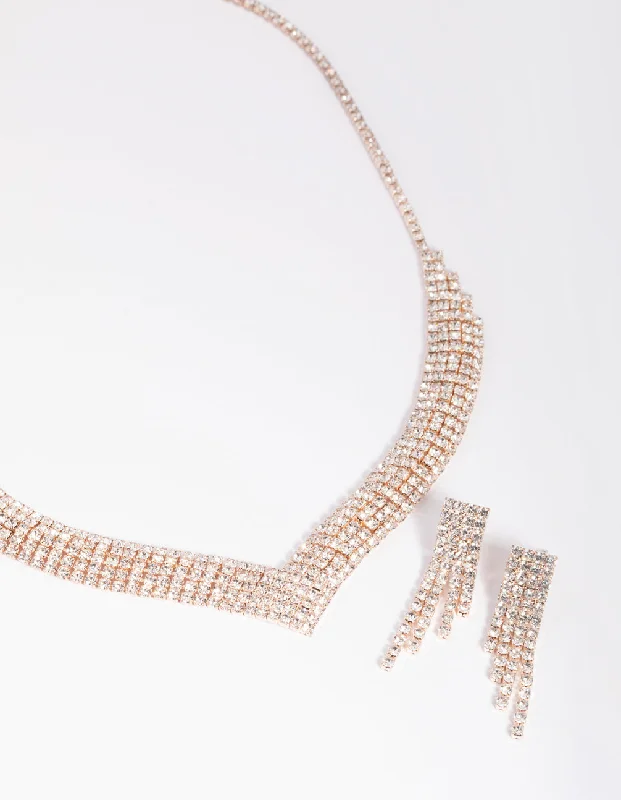 Rose Gold Diamond Simulant Necklace & Earrings Set