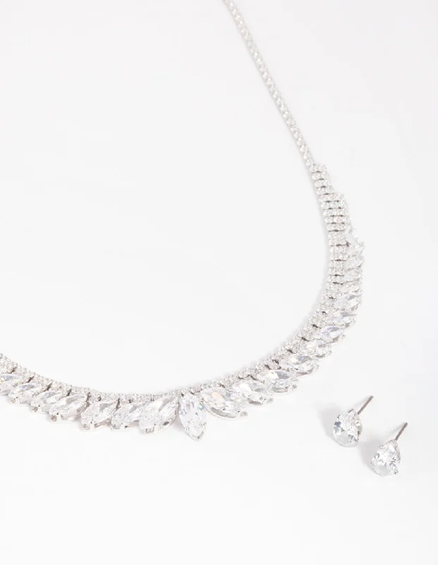 Rhodium Diamond Simulant Marquise Necklace & Earrings Set