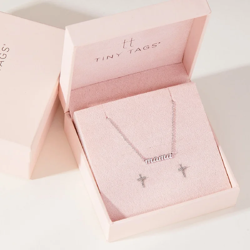 Mama Nameplate + Pavé Cross Earrings Set