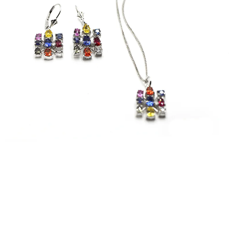 Rainbow Sapphire - 18 Karat White Gold Gemstones Earring and Necklace Set