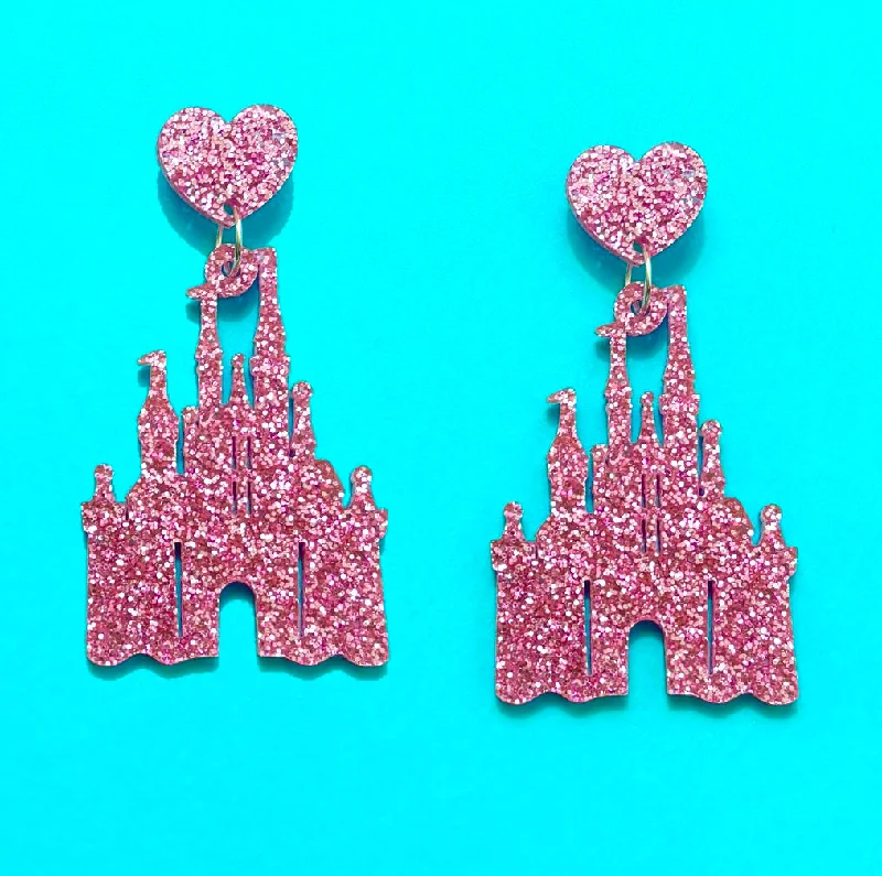 Pink Glitter Castle Drop Earrings