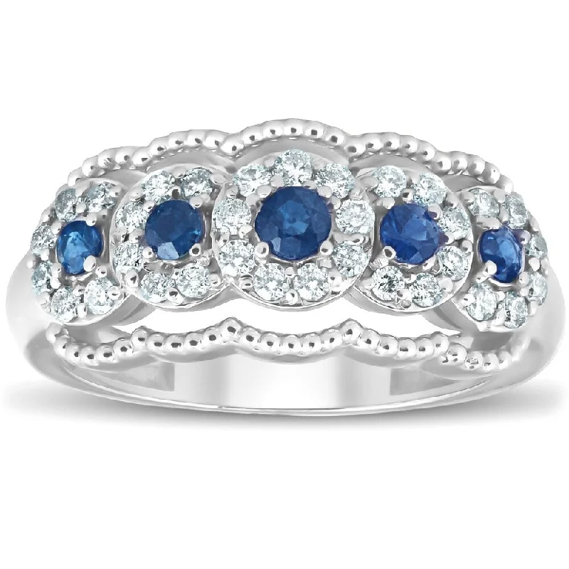 Pompeii3 1 CT TW 14k White Gold Blue Sapphire & Diamond Anniversary Ring