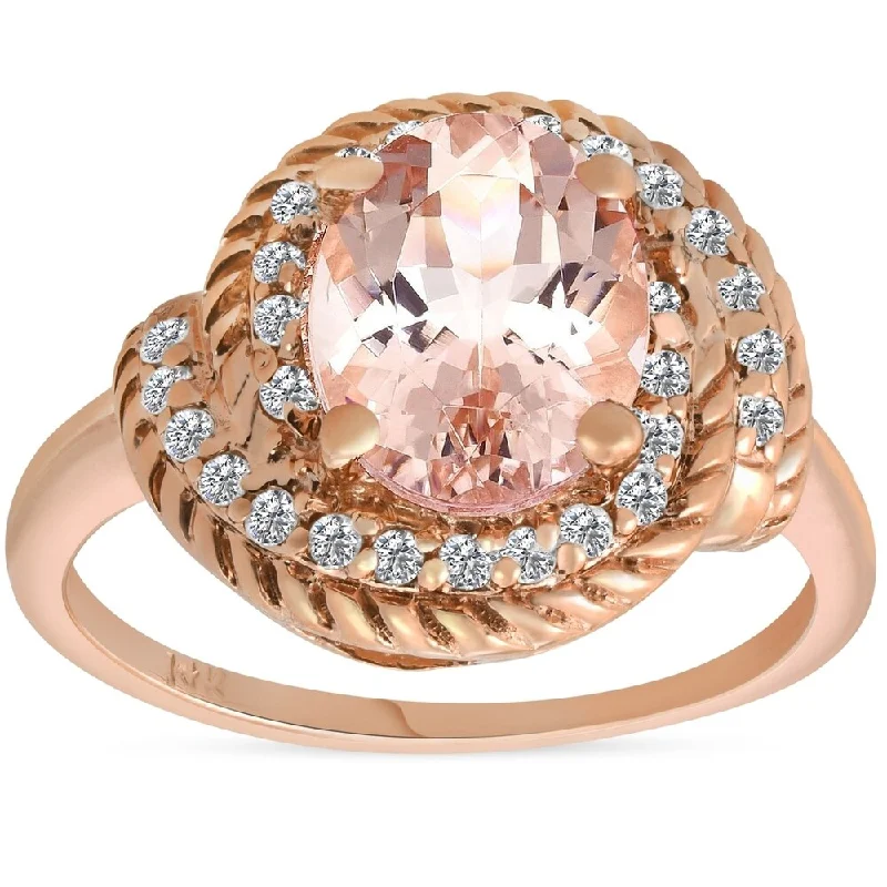 Pompeii3 14K Rose Gold 1 3/4 ct TW Oval Morganite & Diamond Halo Vintage Engagement Anniversary Ring - Pink