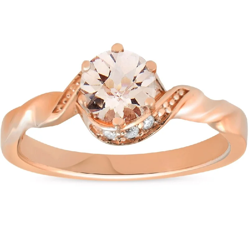 Pompeii3 14K Rose Gold 3/4ct TDW Morganite & Diamond Solitaire Halo Twist Engagement Ring - White