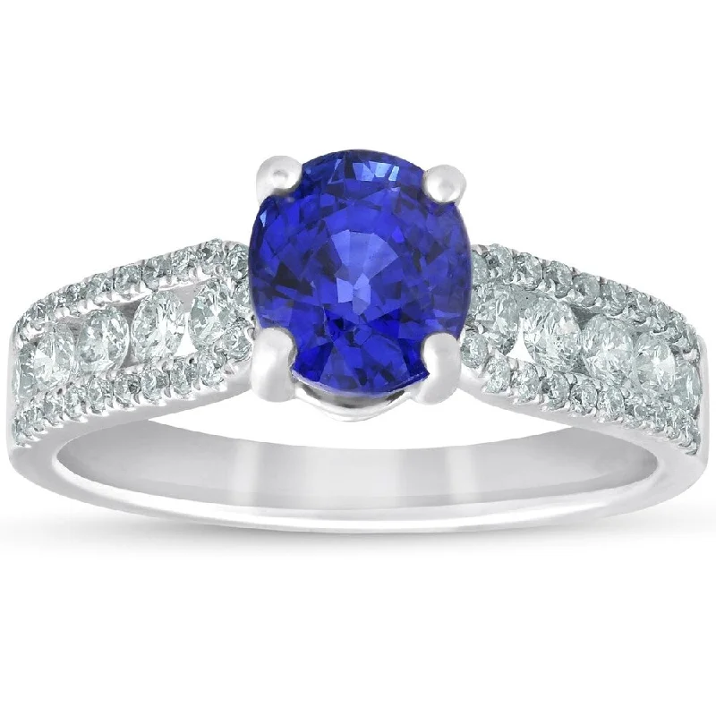 Pompeii3 18k White Gold 2.72 ct Oval Cyelon Blue Sapphire Diamond Engagement Anniversar Ring SZ 6.5