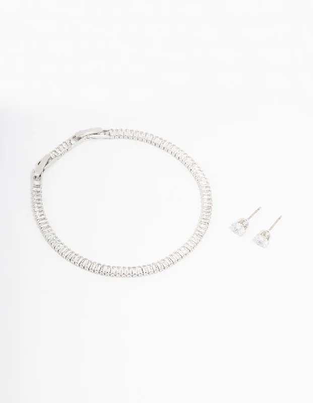 Rhodium Cubic Zirconia Baguette Tennis Bracelet & Earring Set