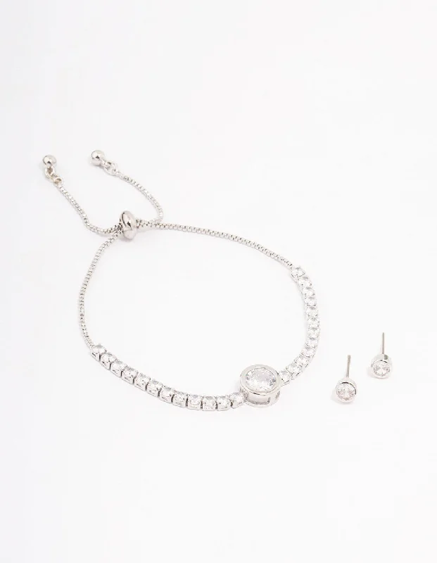 Rhodium Round Cubic Zirconia Toggle Bracelet Set