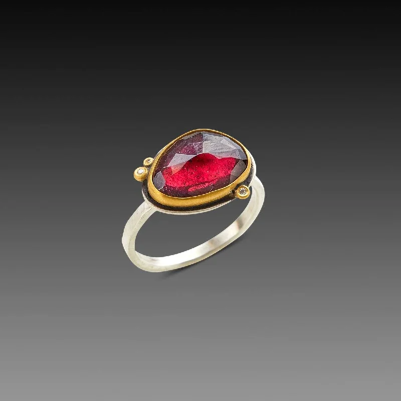 Rose Cut Rhodolite Garnet Ring with Three Diamonds