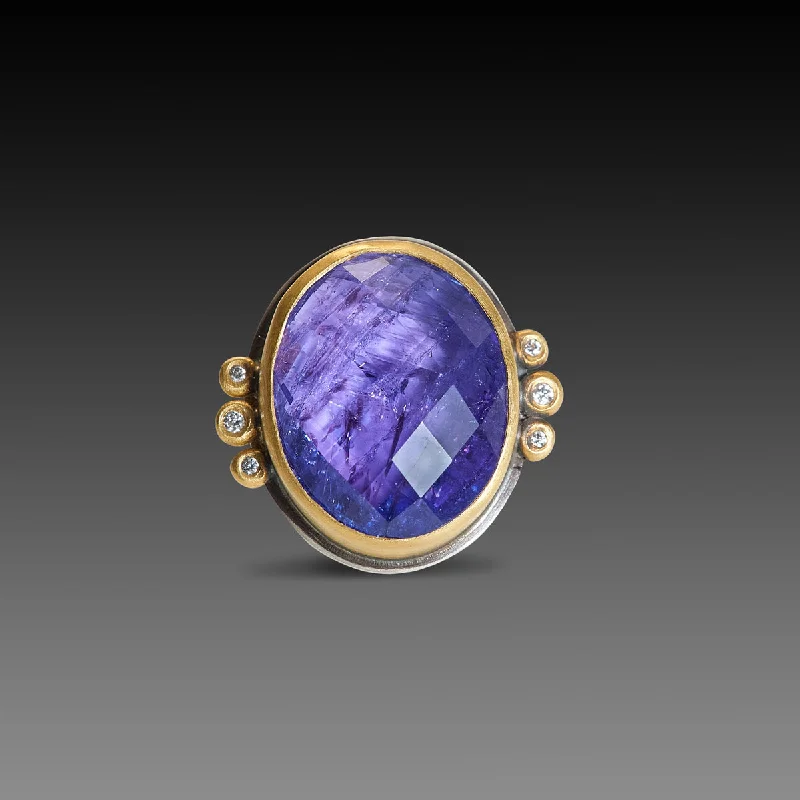 Rose Cut Tanzanite Ring with Diamond Trios