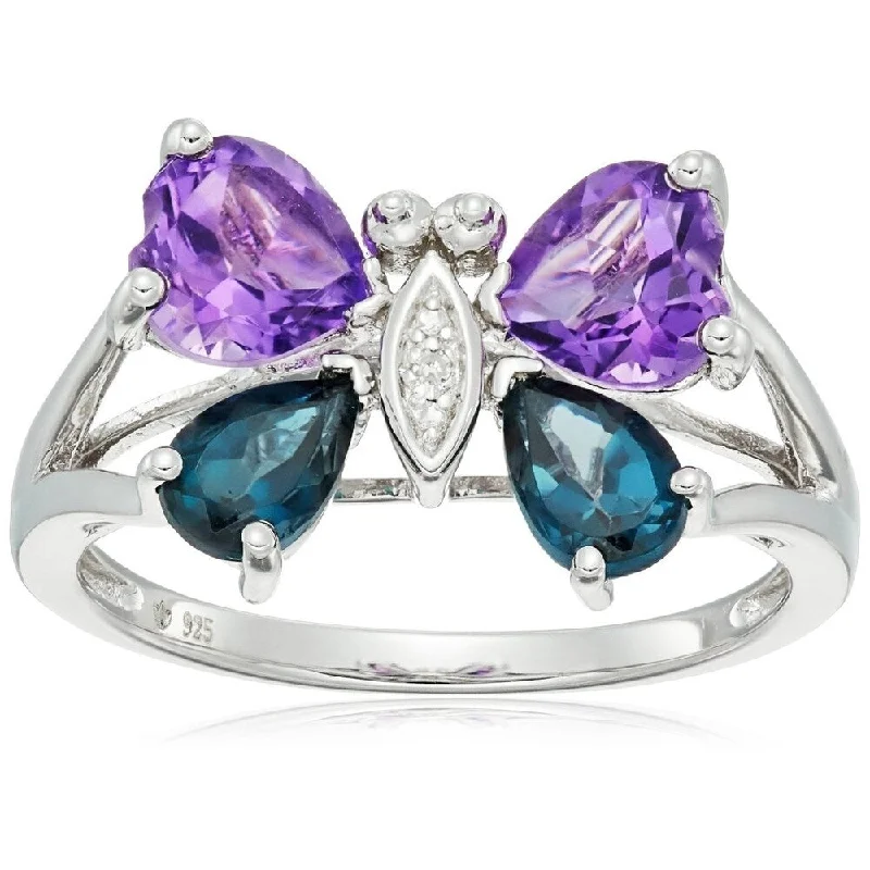 Sterling Silver African Amethyst, Blue Topaz, Diamond Butterfly Ring, SZ 7 - Purple