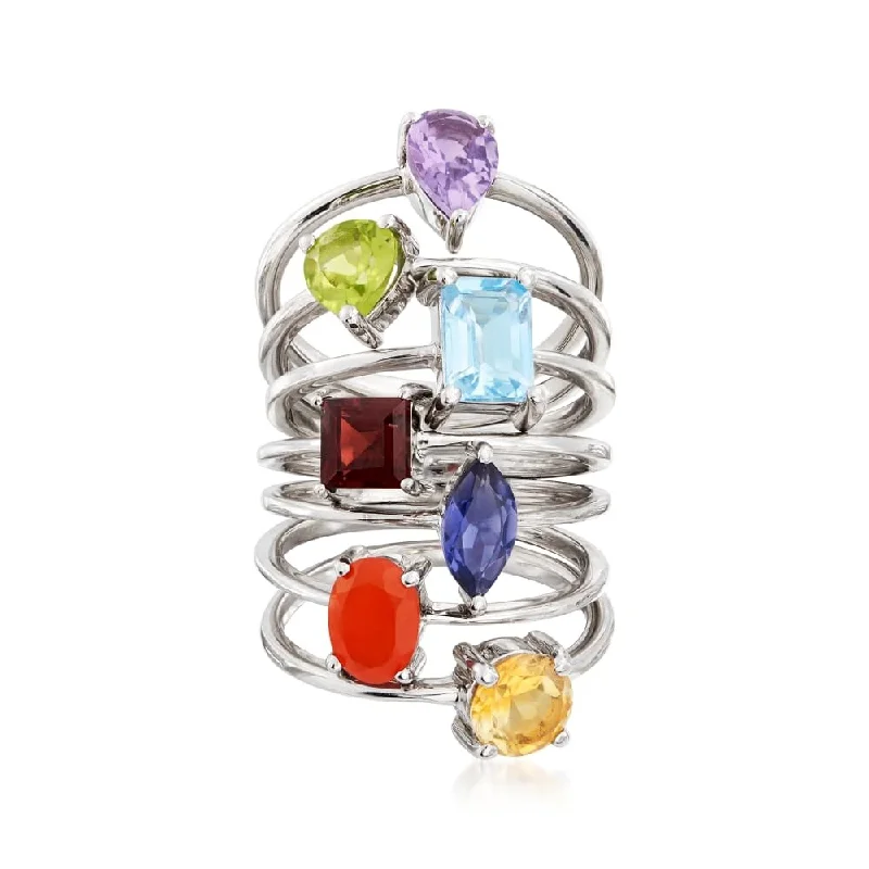 Sterling Silver Multi Gemstone, Multi Shapes 7 Ring Sets