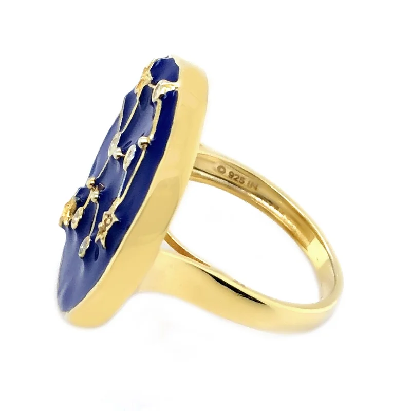 Sterling Silver Over Gold Plated White Zircon With Blue Enamel Aquarius Zodiac Signs Ring