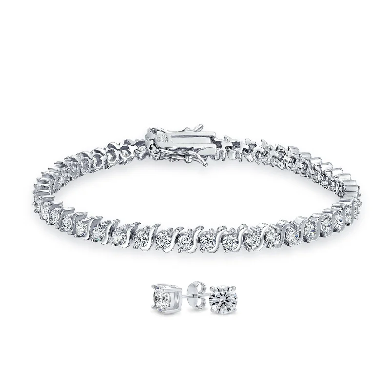 Traditional Bridal Jewelry Set 15CTW CZ Tennis Bracelet & Earrings Silver Rhodium