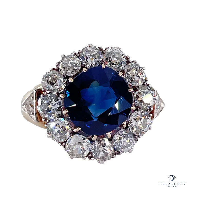 Victorian GIA 6.27ct No Heat Cushion Blue Sapphire Diamond Antique Vintage Cluster 18k Gold Ring