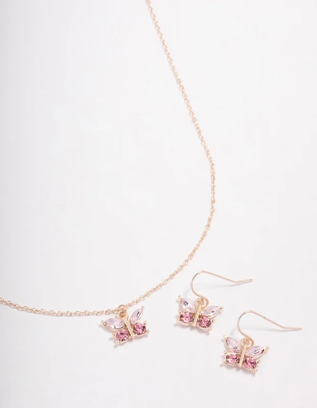 Rose Gold Diamante Butterfly Jewellery Set