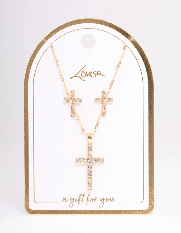 Gold Diamante Cross Jewellery Set