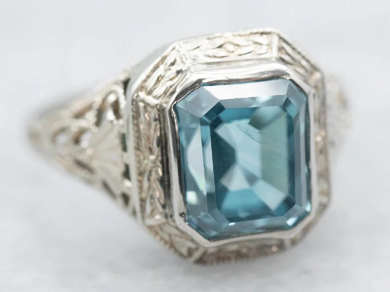 Art Deco Blue Zircon Filigree Solitaire Ring