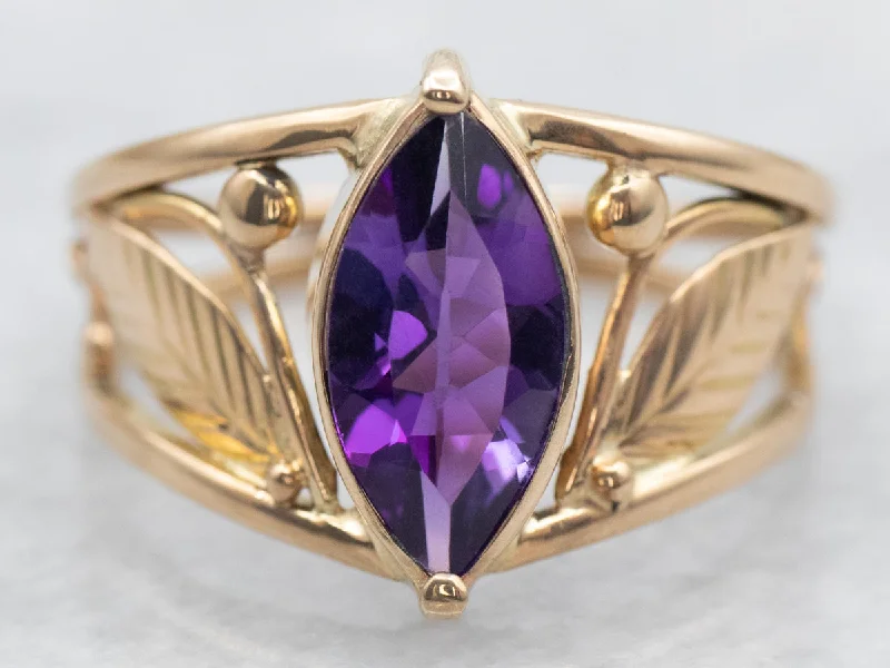 Vintage Marquise Cut Amethyst Ring with Leaf Details