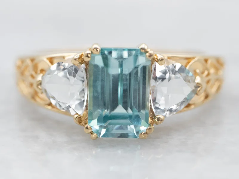 Yellow Gold Blue Zircon Ring with Aquamarine Accents