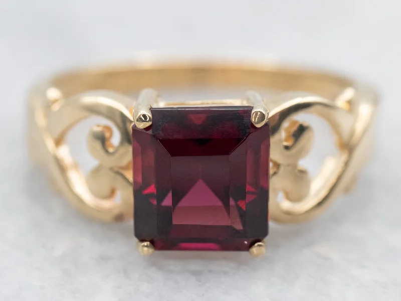 Yellow Gold Rhodolite Garnet Solitaire Ring with Heart Shoulders