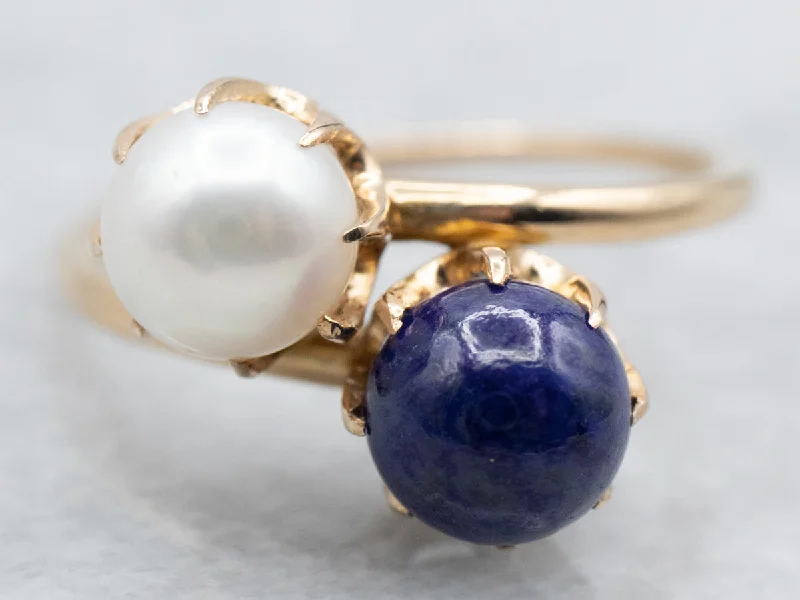 Vintage Gold Pearl and Lapis Bypass Ring