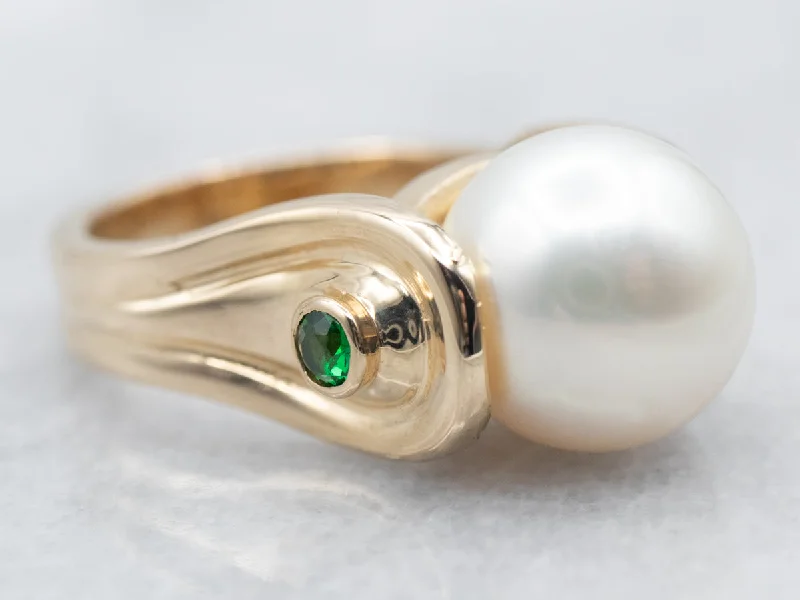 Modernist Gold Pearl Ring with Diopside Accents