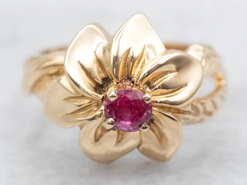 Yellow Gold Ruby Flower Ring